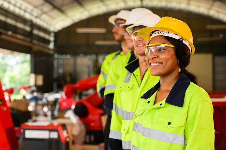 varios trabajadores con uniforme de trabajo y cascos sonrientes en fábrica