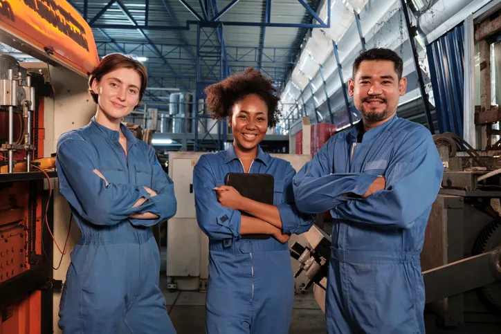 trabajadores con overol sonrientes en el interior de una fábrica
