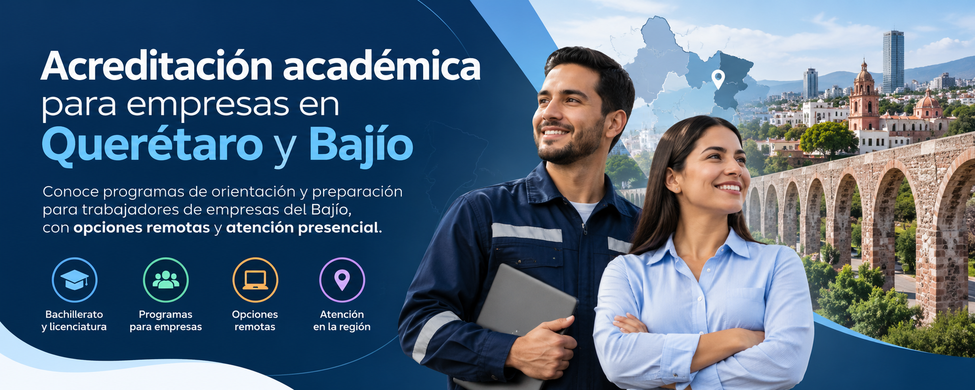 jovenes adultos con cuadernos en sus brazon y los arcos representativos de Querétaro al fondo 