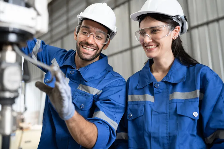 jovenes trabajadores con uniforme y cascos sonriendo en fábrica