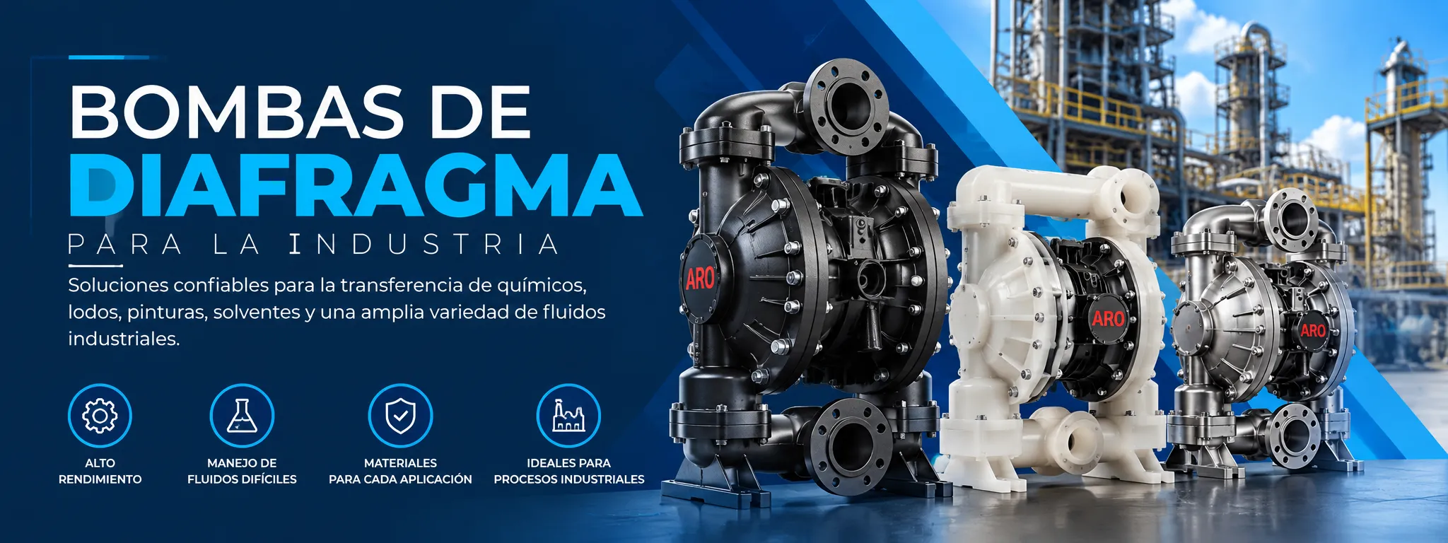 se muestran diversas bombas de diafragma y una industria al fondo