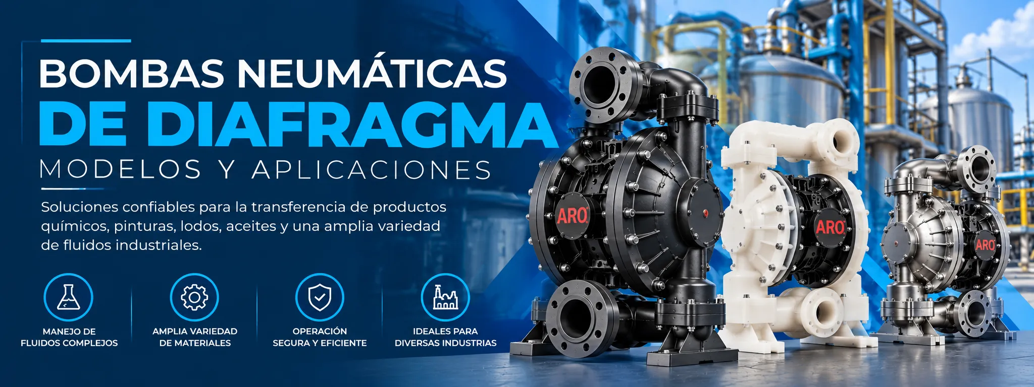 varios modelos de bombas de diafragma y una de las industrias en donde se utilizan al fondo 