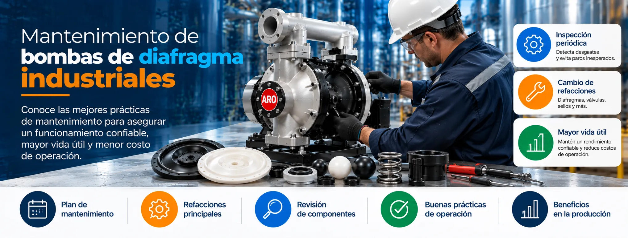 ingeniero con uniforme de seguridad reparando una bomba de diafragma