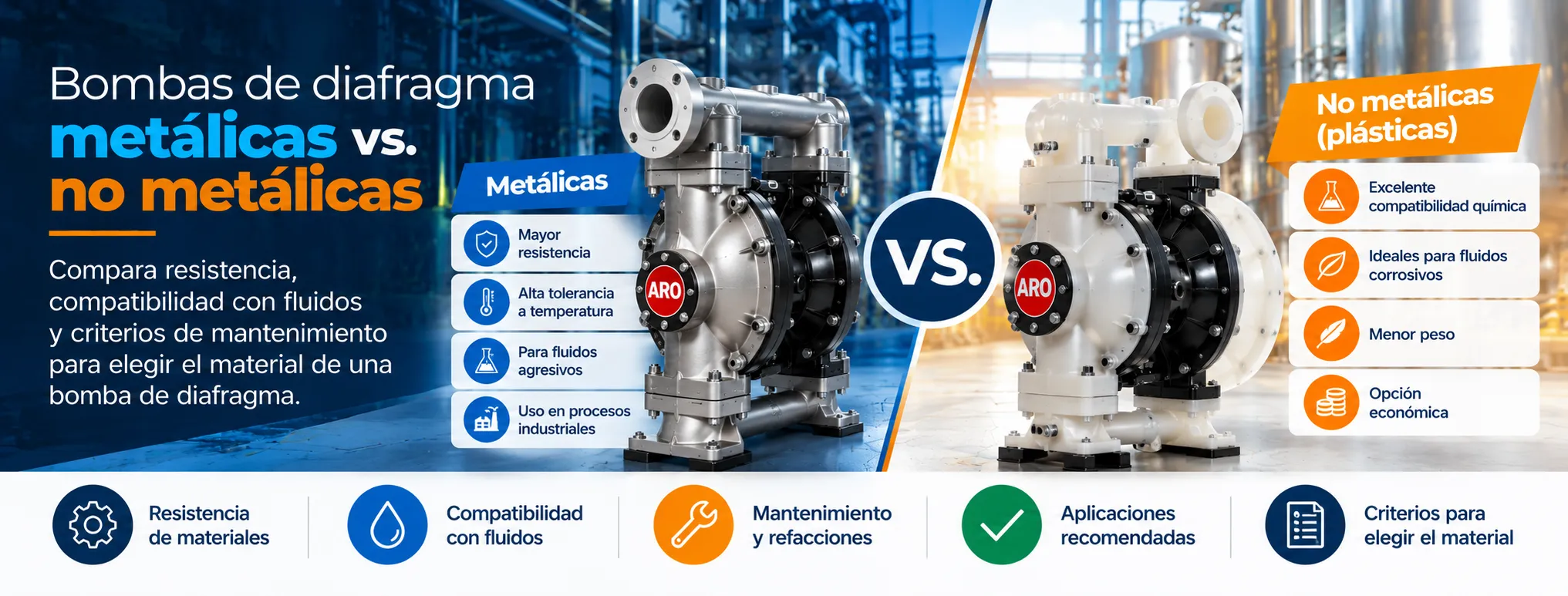 se muestra una bomba de diafragma metálica y otra no metálica y se describen algunas características