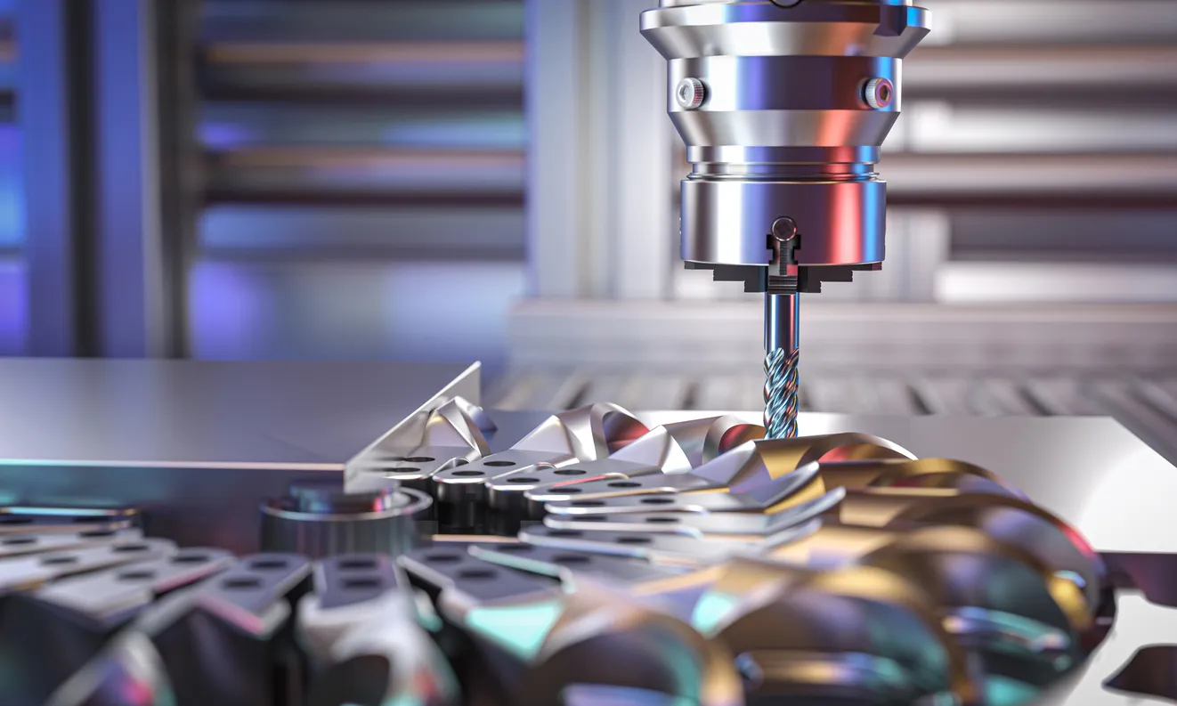 Fresadora moderna que crea piezas metálicas en una fábrica automatizada