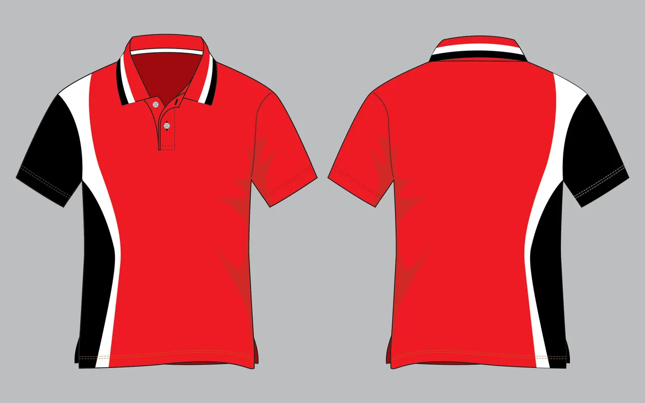 Diseño de playera polo coimbinada con colores rojo, blanco y negro