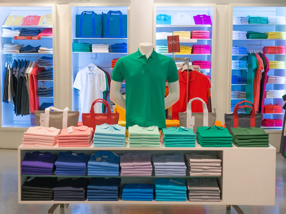 Exhibidor de playeras polo de una gran diversidad de colores en tienda de ropa