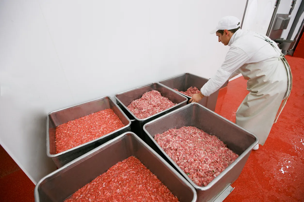 Trabajador colocó cajas con carne cruda picada en una fábrica alimentaria. La zerolita ayuda al control de olores 