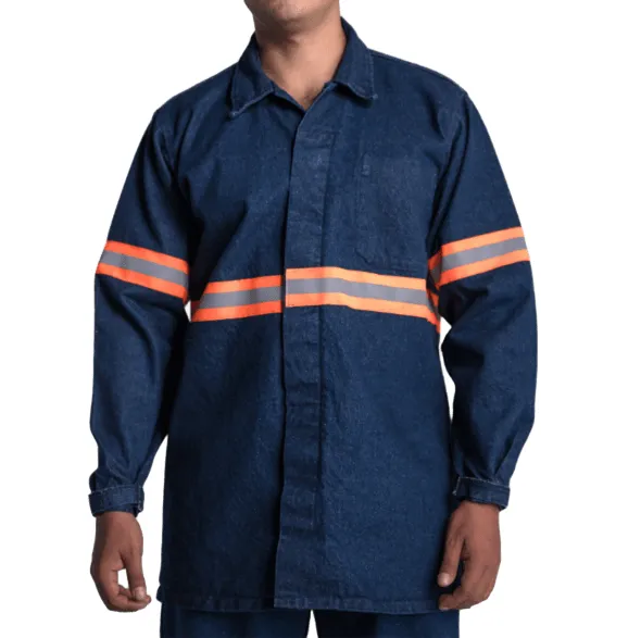 Camisola UNILINE Mezclilla 14 oz Caballero Manga Larga Azul Stone con Cinta Hi‑Vis Naranja