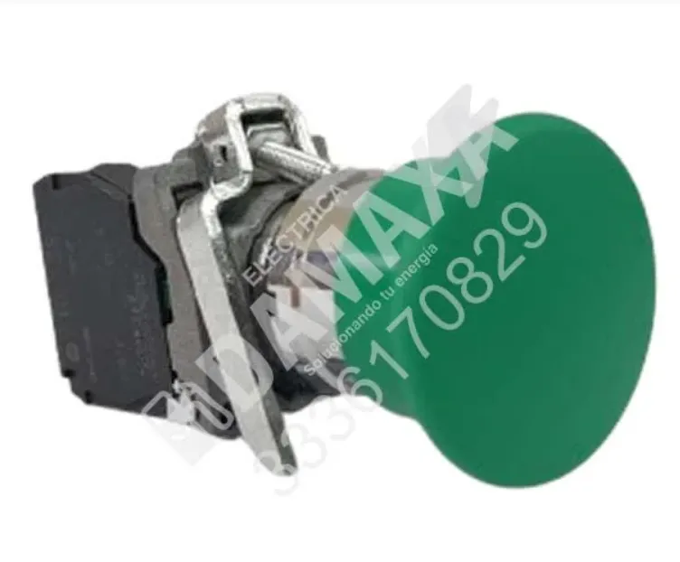 Botón hongo pulsador verde para señalización y control industrial