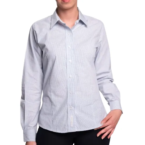 Blusa AirMan Micro Cuadro Azul para Dama de Manga Larga al Mayoreo