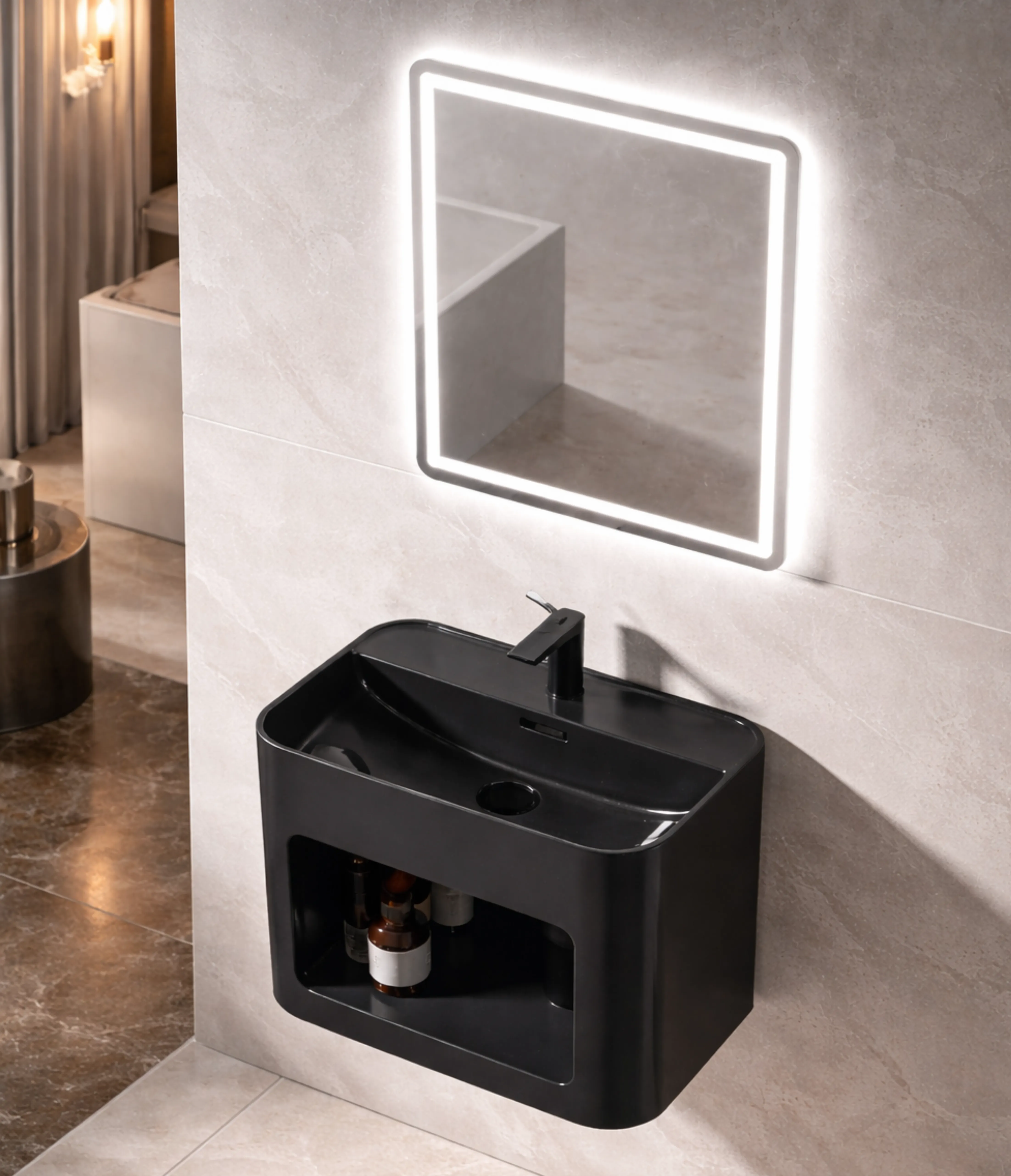 ALDRIC mueble de cerámica empotrable negro con espejo LED y monomando