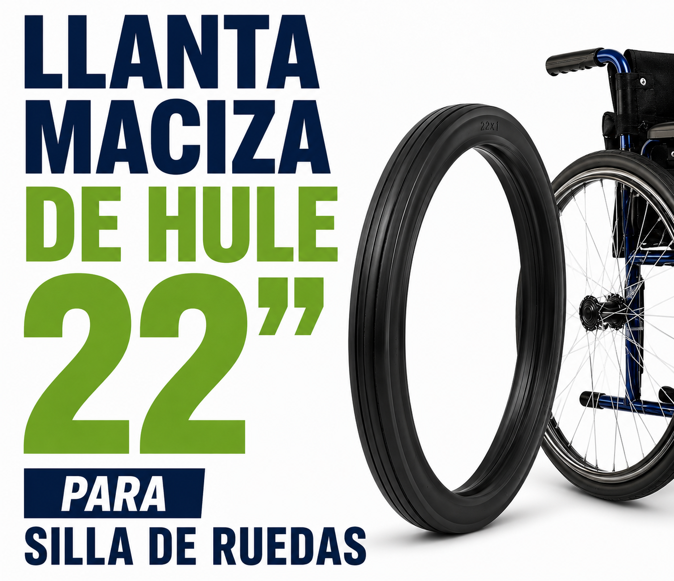 Llanta Maciza de Hule 22” para Silla de Ruedas | Caja 10 Pzas
