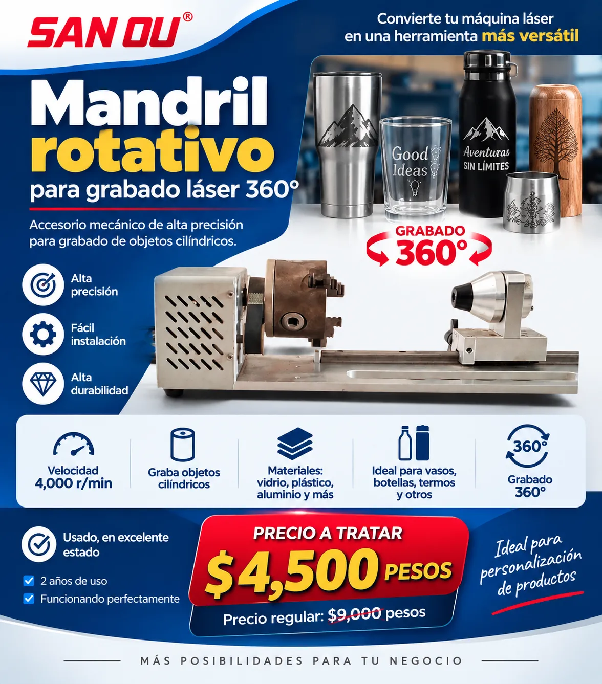 Mandril rotativo SAN OU para grabado láser 360°