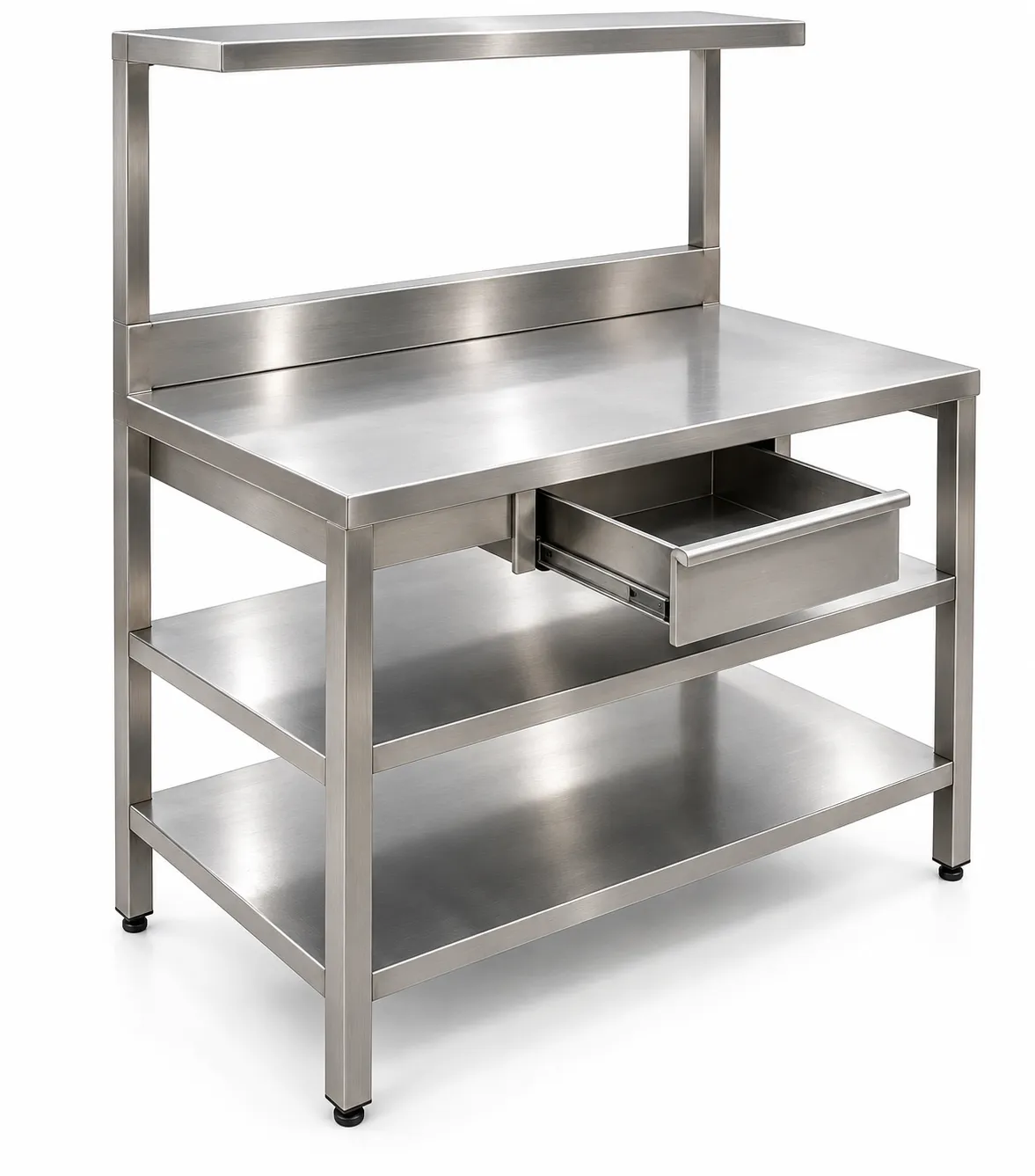 Mesa de acero inoxidable con repisas y cajón BOKRE